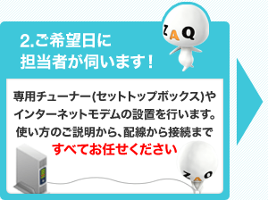 2.ご希望日に担当者が伺います！専用チューナー(セットトップボックス)やインターネットモデムの設置を行います。使い方のご説明から、配線から接続まですべてお任せください